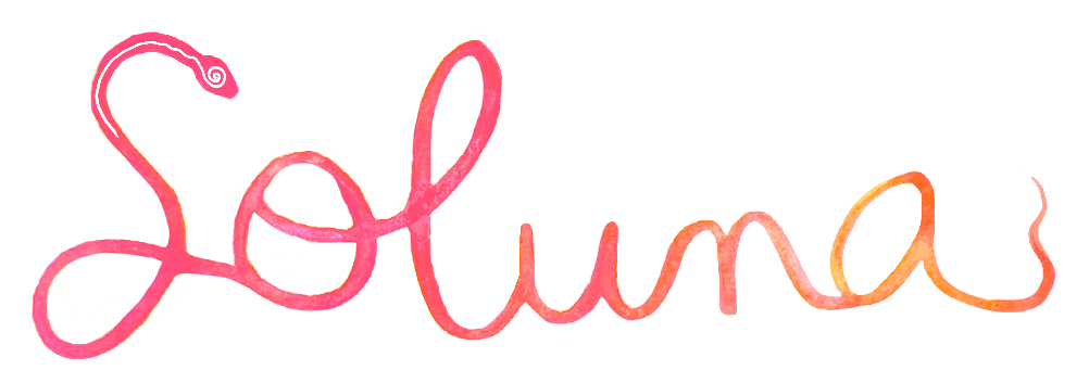 The word 'Soluna' written in a thin, cursive, hand-drawn style font with a pink-to-orange gradient on a solid white background.